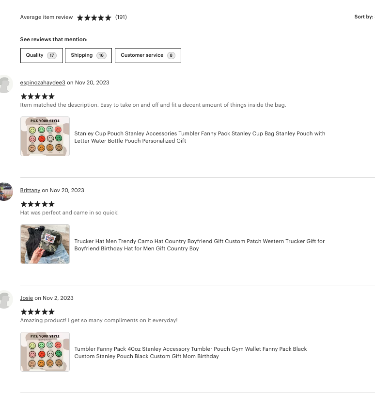 Etsy Positive Reviews